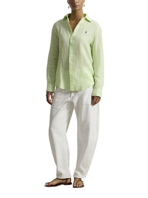 camicia donna in lino over a righe lime e bianco Ralph Lauren | 211A96158001